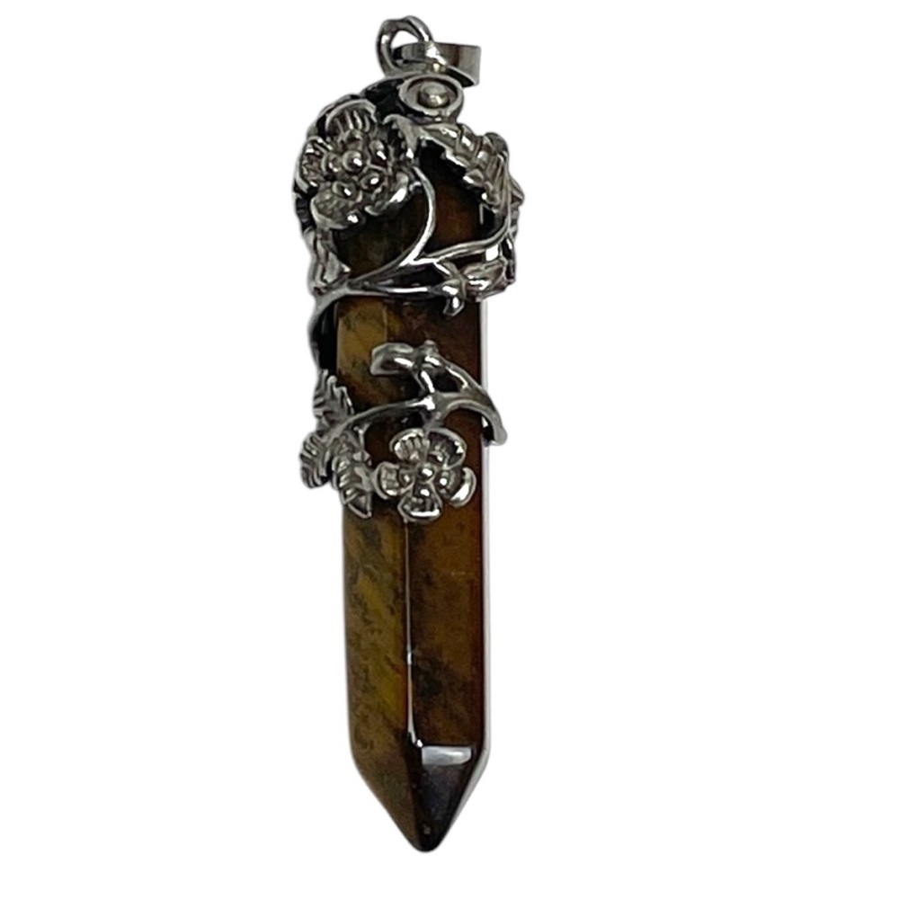 Natural Tiger Eye Quartz Gemstone Crystal Antique Silver Flower
